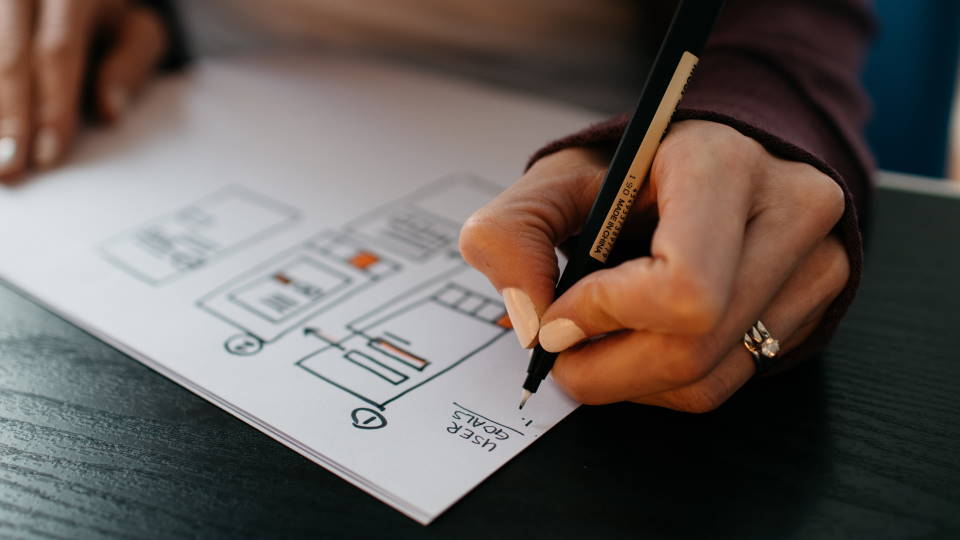 a hand drawing a website layout and writing user goals