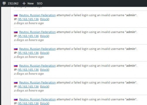 Screenshot from Wordfence Failed Login Log